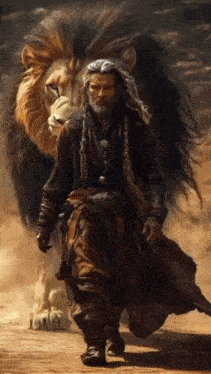 a man with long hair and a beard is walking next to a lion .