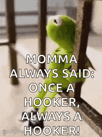 a kermit the frog doll is sitting on a railing with a quote .