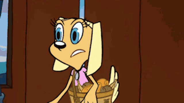 a cartoon character is holding a bag of chips