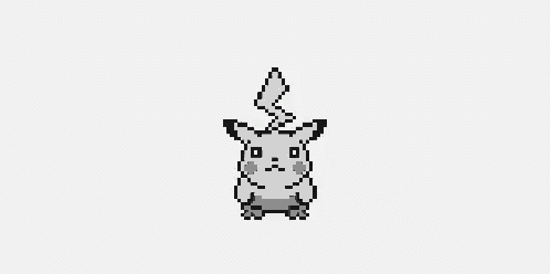 a black and white pixel art of a pikachu with a lightning bolt coming out of its head .