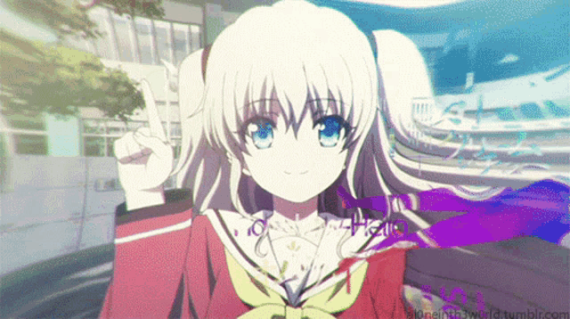 a girl with white hair and blue eyes is giving a peace sign in a cartoon