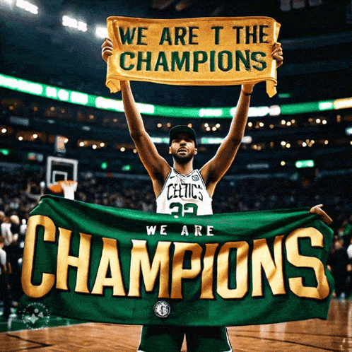 a basketball player holds up a banner that says we are champions
