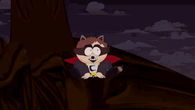 a raccoon from south park is sitting on a tree
