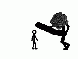 a stick figure is holding a black rose on his back .