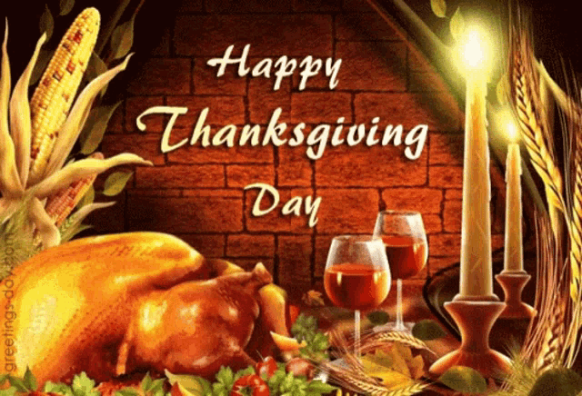 a happy thanksgiving day card with a turkey and wine