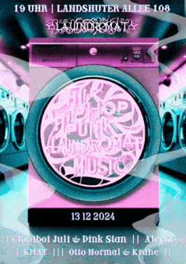 a poster for a laundromat with a pink washing machine