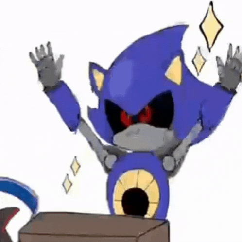 a drawing of a robotic sonic the hedgehog standing on top of a box with his arms outstretched .