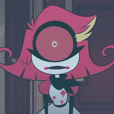 a cartoon character with pink hair and a huge eye