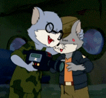 two cartoon characters are standing next to each other with one holding a camera that says x on it
