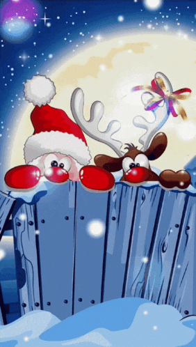 a cartoon of santa and reindeer peeking over a fence