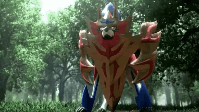 a pokemon is standing in the grass in a forest .