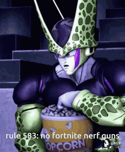 a cartoon character holding a bucket of popcorn with the caption rule 583 no fortnite nerf guns