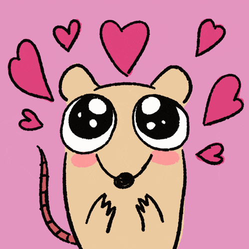 a cartoon drawing of a rat with hearts around it