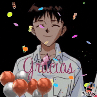 a picture of a boy with balloons and the words gracias