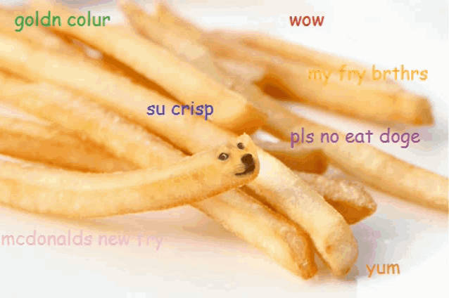 a bunch of french fries with a dog face drawn on it