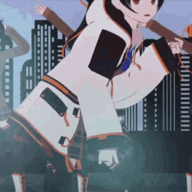 a cartoon of a girl in a white and black coat