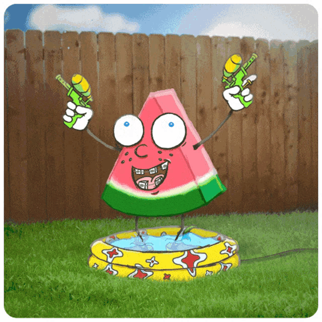 a cartoon of a watermelon holding two water guns in front of a wooden fence