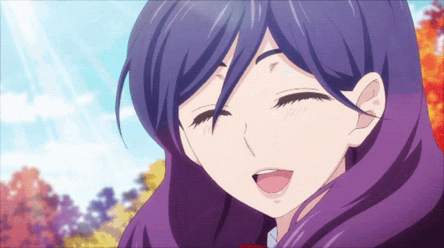 a close up of a girl with purple hair and her mouth open