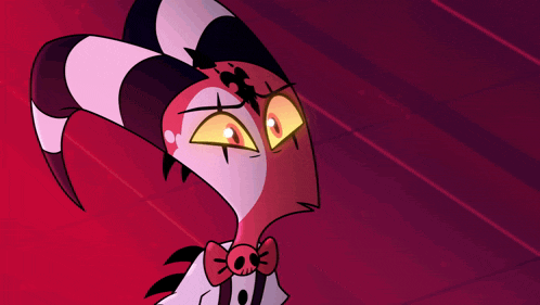 a cartoon character with horns and a bow tie looks at the camera
