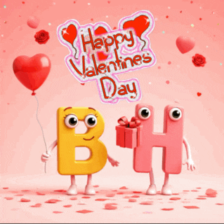a happy valentine 's day greeting card with a yellow letter b and a pink letter h