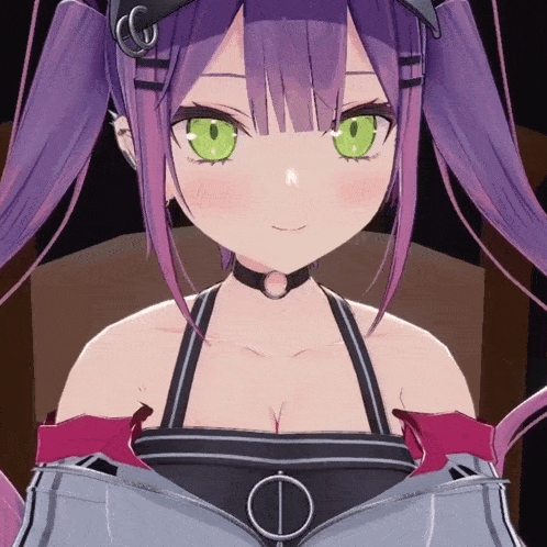 a close up of a girl with green eyes and purple hair