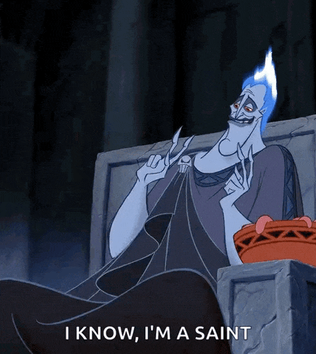 a cartoon character from hercules is sitting on a throne and says i know i 'm a saint
