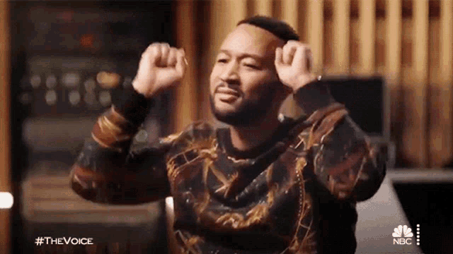 a man in a colorful sweater is sitting in a room with his hands on his ears .