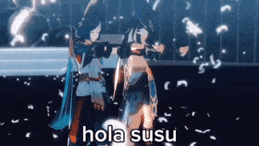 a couple of anime characters standing next to each other with the words hola susu written on the bottom of the screen .