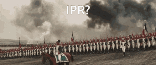 a man riding a horse in front of a large army with the words " ipr " above him