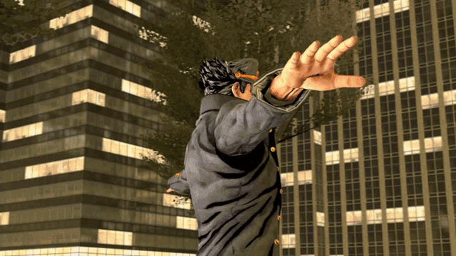 a cartoon character is standing in front of a building with his hand outstretched