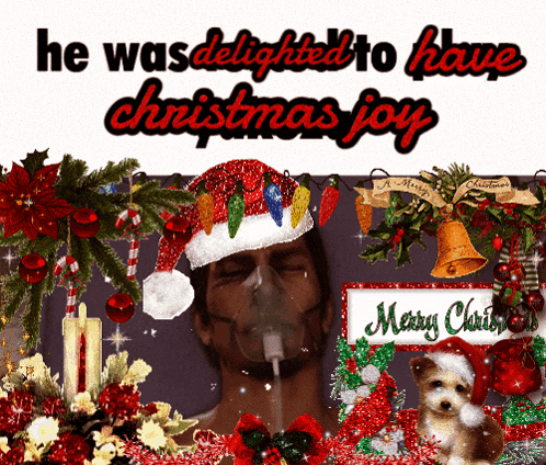a christmas greeting card with a man wearing a santa hat and an oxygen mask