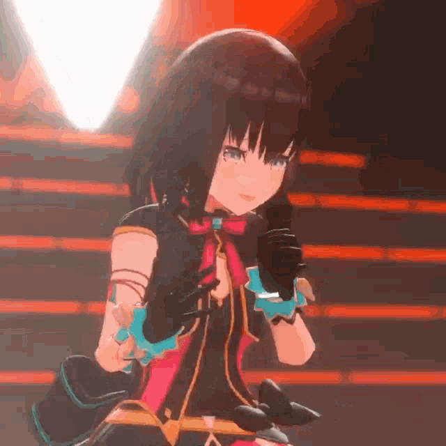 a girl in a pink and black dress is standing on a stage in a video game .