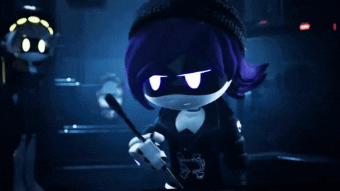 a cartoon character with purple hair is holding a sword in a dark room .