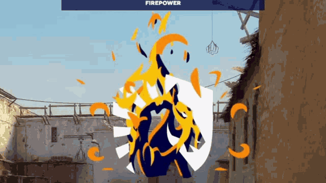 a drawing of a shield with fire coming out of it and the words firepower above it