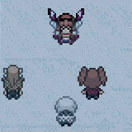 a group of pixel art characters are standing next to each other on a snowy surface .