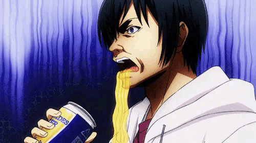 a man is eating noodles from a can while holding a can of beer .