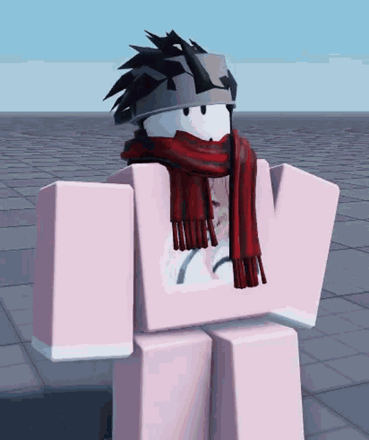 a roblox character is wearing a pink shirt and a red scarf .