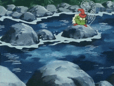 a cartoon character is standing on a rock in a river holding a basket .