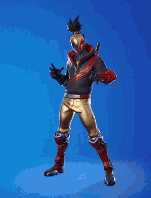 a video game character with a helmet and a sword on a blue background