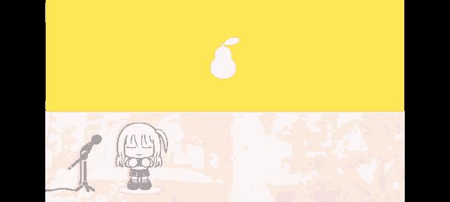 a drawing of a girl singing into a microphone with a pear in the background