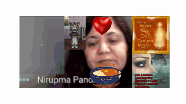 a picture of a woman with a bowl of food and a card wishing her a happy tamil new year