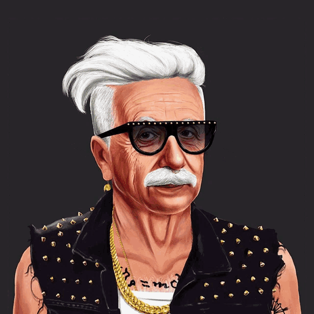 a drawing of an older man wearing sunglasses and a studded jacket