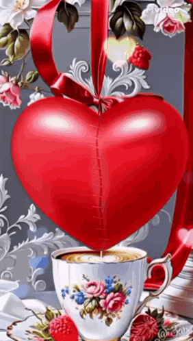 a large red heart is sitting on top of a cup of coffee on a table .