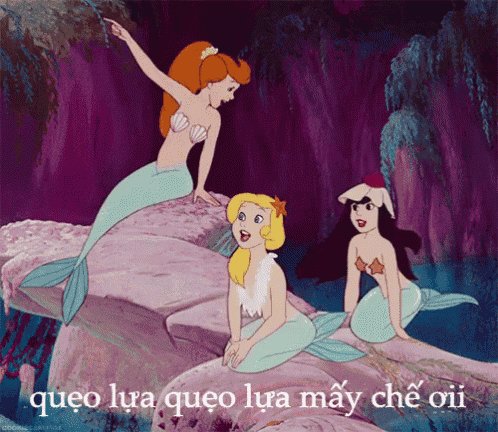 a cartoon of three mermaids sitting on a rock with queo ura queo ura may che oii
