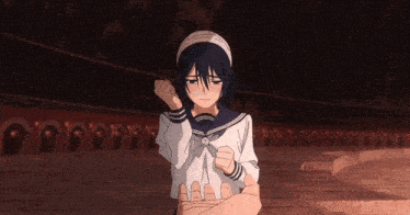 a girl in a sailor suit is holding a man 's hand