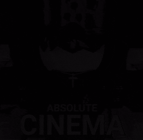 a poster for absolute cinema shows a cartoon character with a cross on his neck