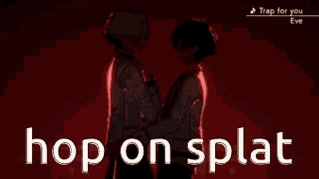 a couple of anime characters standing next to each other with the words hop on splat written below them