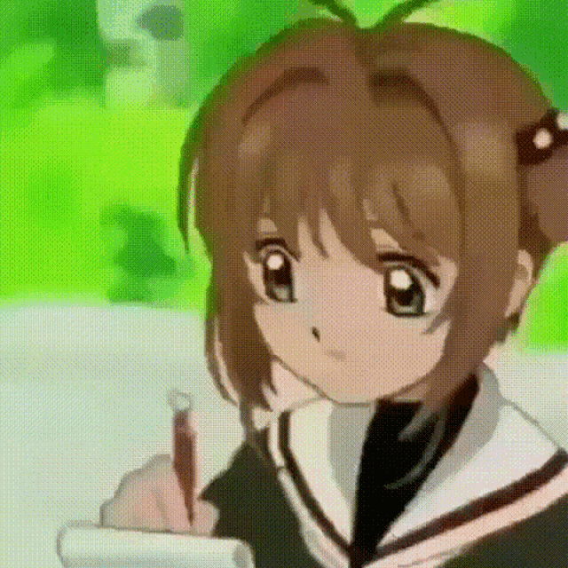 a girl in a school uniform is writing on a piece of paper .