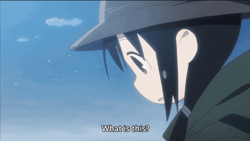 a girl in a hat says " what is this " in front of a blue sky