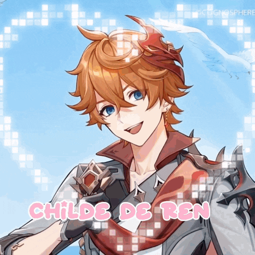 a drawing of childe de ren with a blue sky behind him